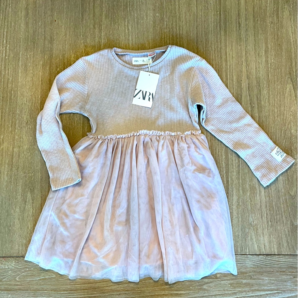 NWT! New ZARA girls’ pale pink ribbed tulle sweater dress- size 6